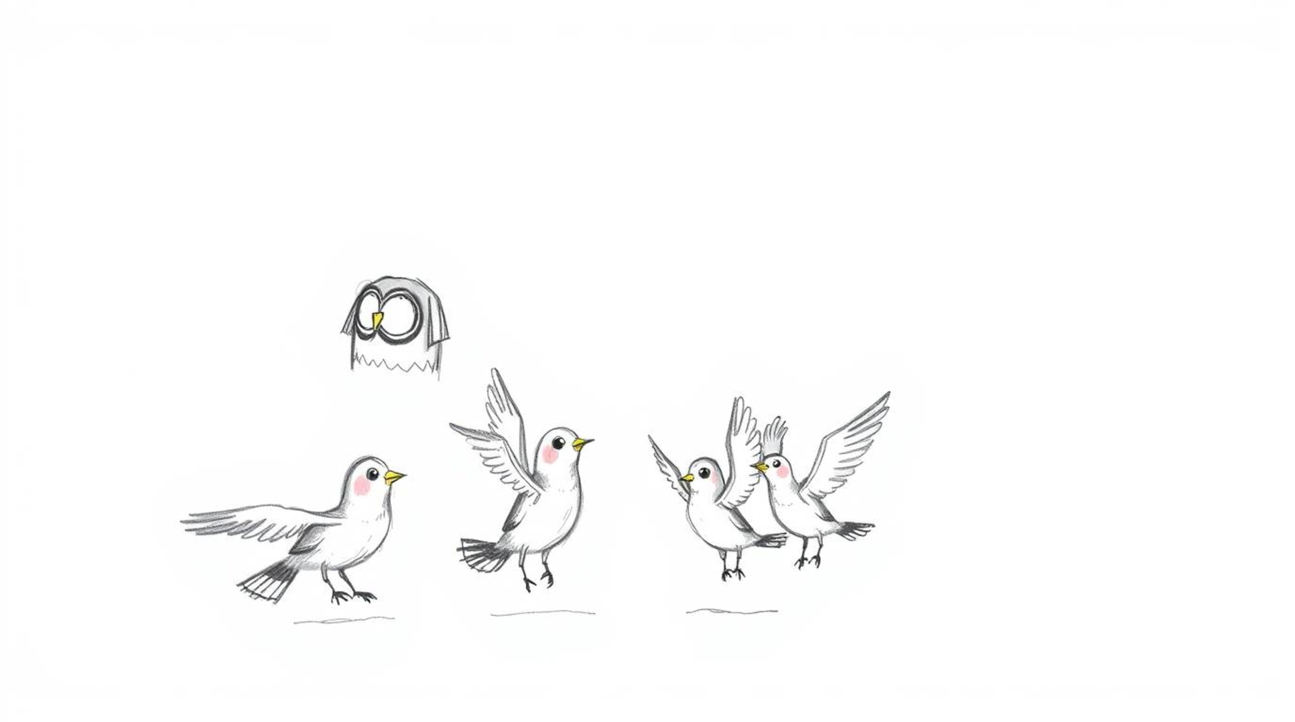 A heartwarming hand-drawn sketch in a Pixar style shows a wise, blind owl patiently teaching a group of birds to fly. Despite