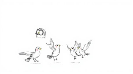 A heartwarming hand-drawn sketch in a Pixar style shows a wise, blind owl patiently teaching a group of birds to fly. Despite