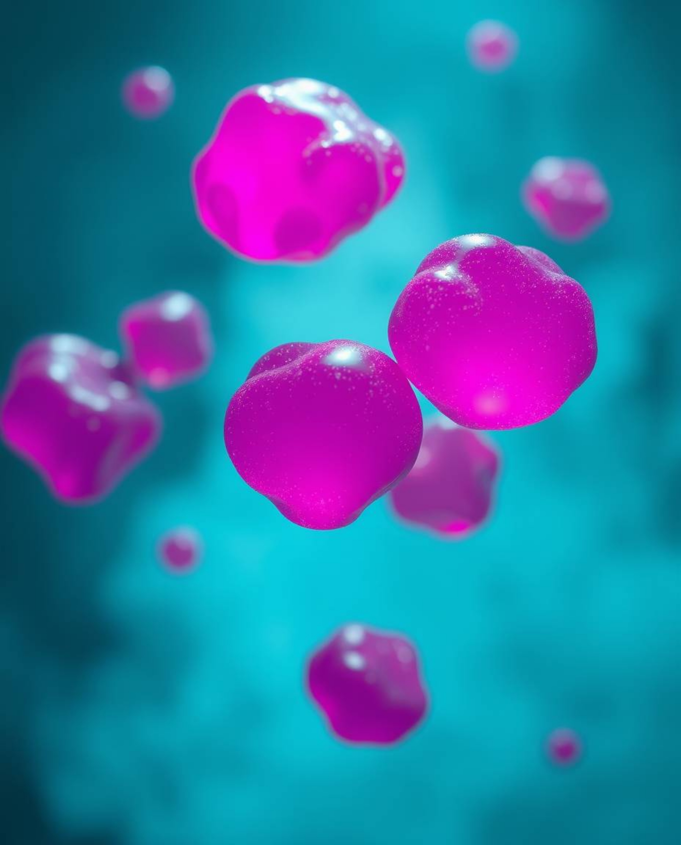 A cinematic image showcasing rich, deep teal hues and soft haze, highlighting floating 3D blobs of vibrant, synthetic-texture