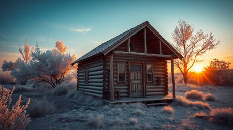 This image showcases a surreal infrared photograph of an adorable old wooden cabin bathed in the soft, golden light of sunset