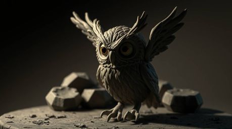 This artwork showcases a sculptural clay art piece featuring a Pixar-style blind owl with inner vision, depicted teaching bir