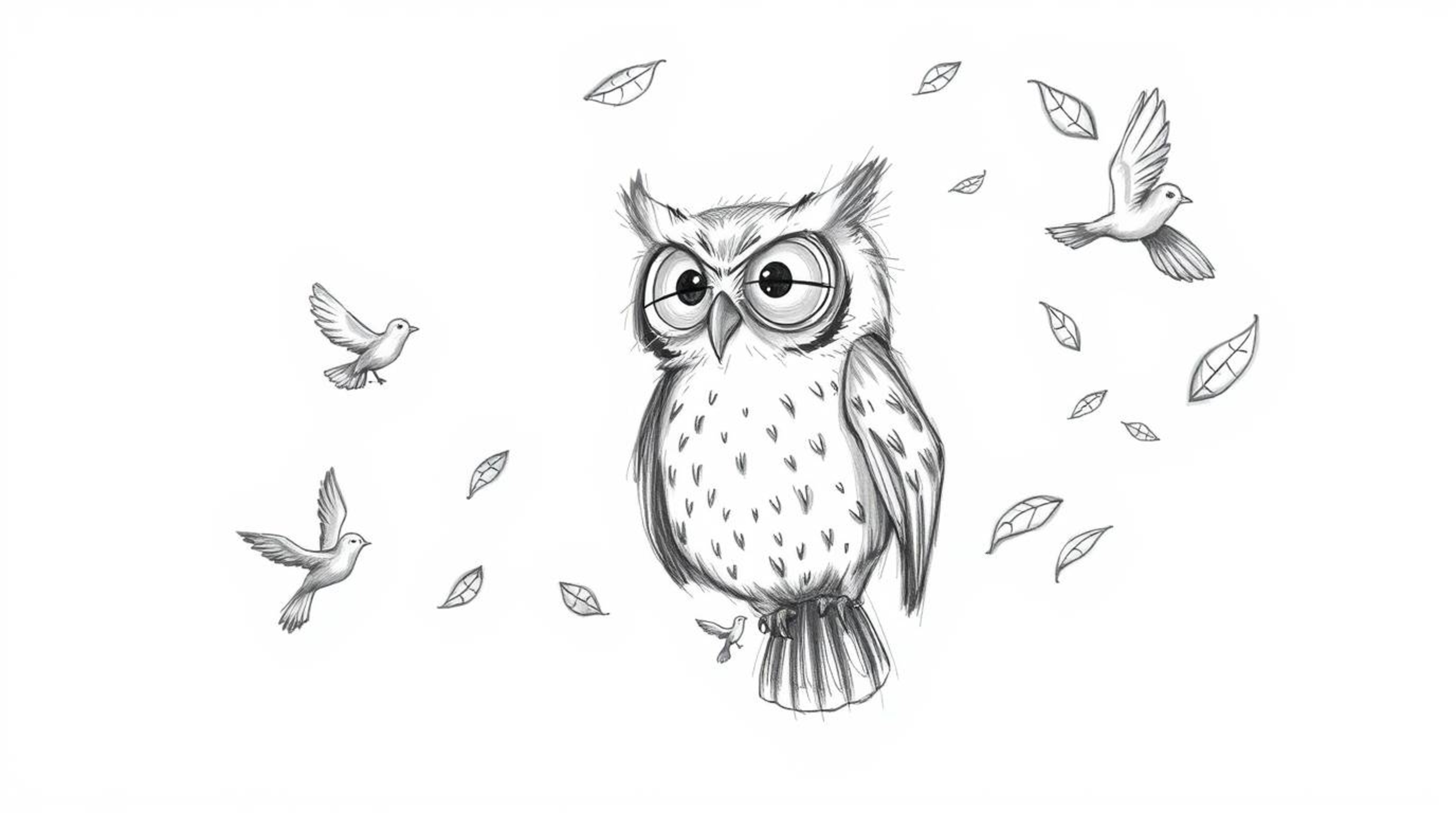 A captivating hand-drawn sketch depicts a blind owl with large, expressive eyes gently guiding tiny birds in flight, rendered