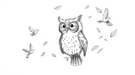 A captivating hand-drawn sketch depicts a blind owl with large, expressive eyes gently guiding tiny birds in flight, rendered