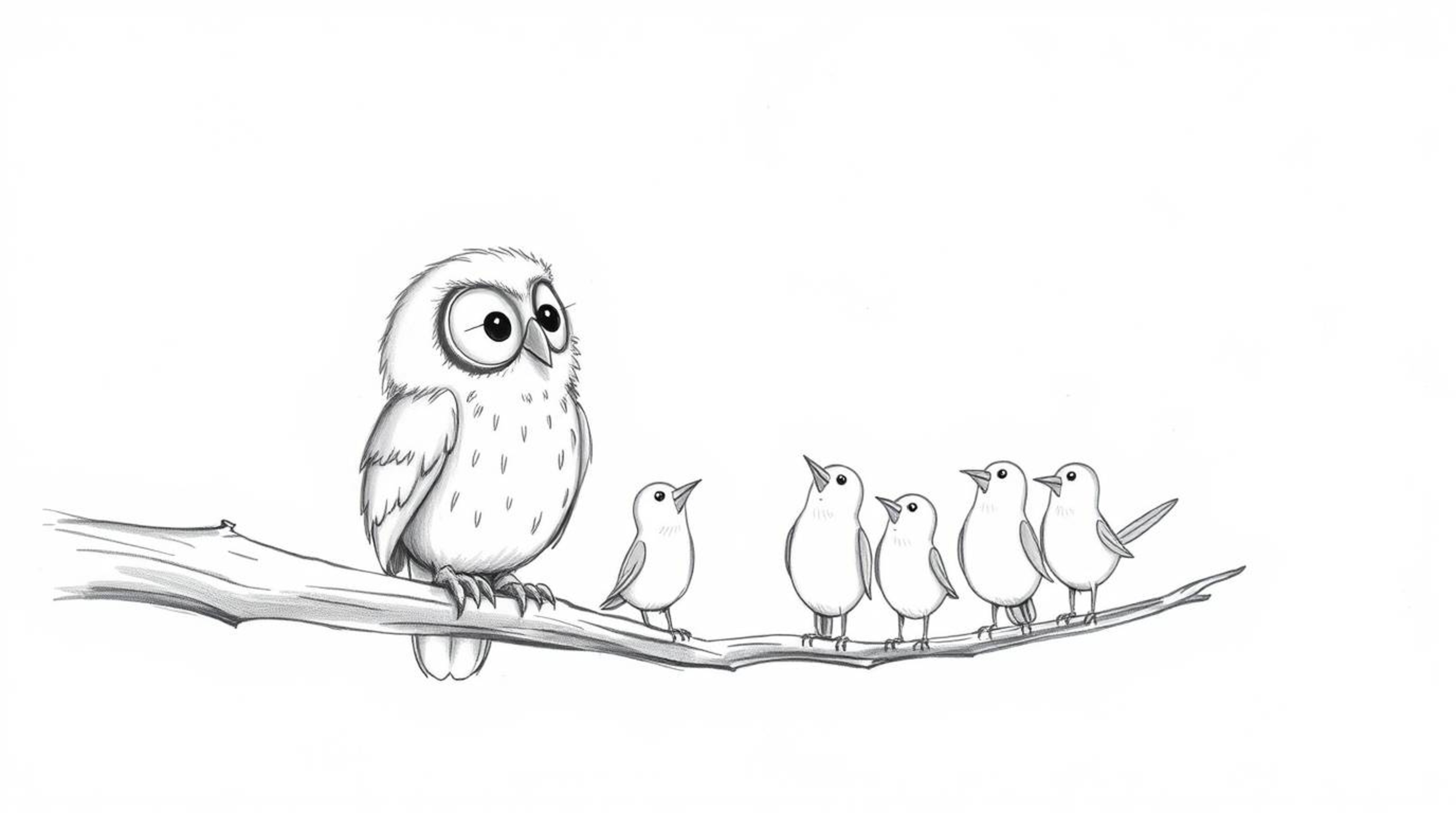 A heartwarming hand-drawn sketch in the style of Pixar depicts a blind owl with soft, downy feathers, perched on a hollow bra