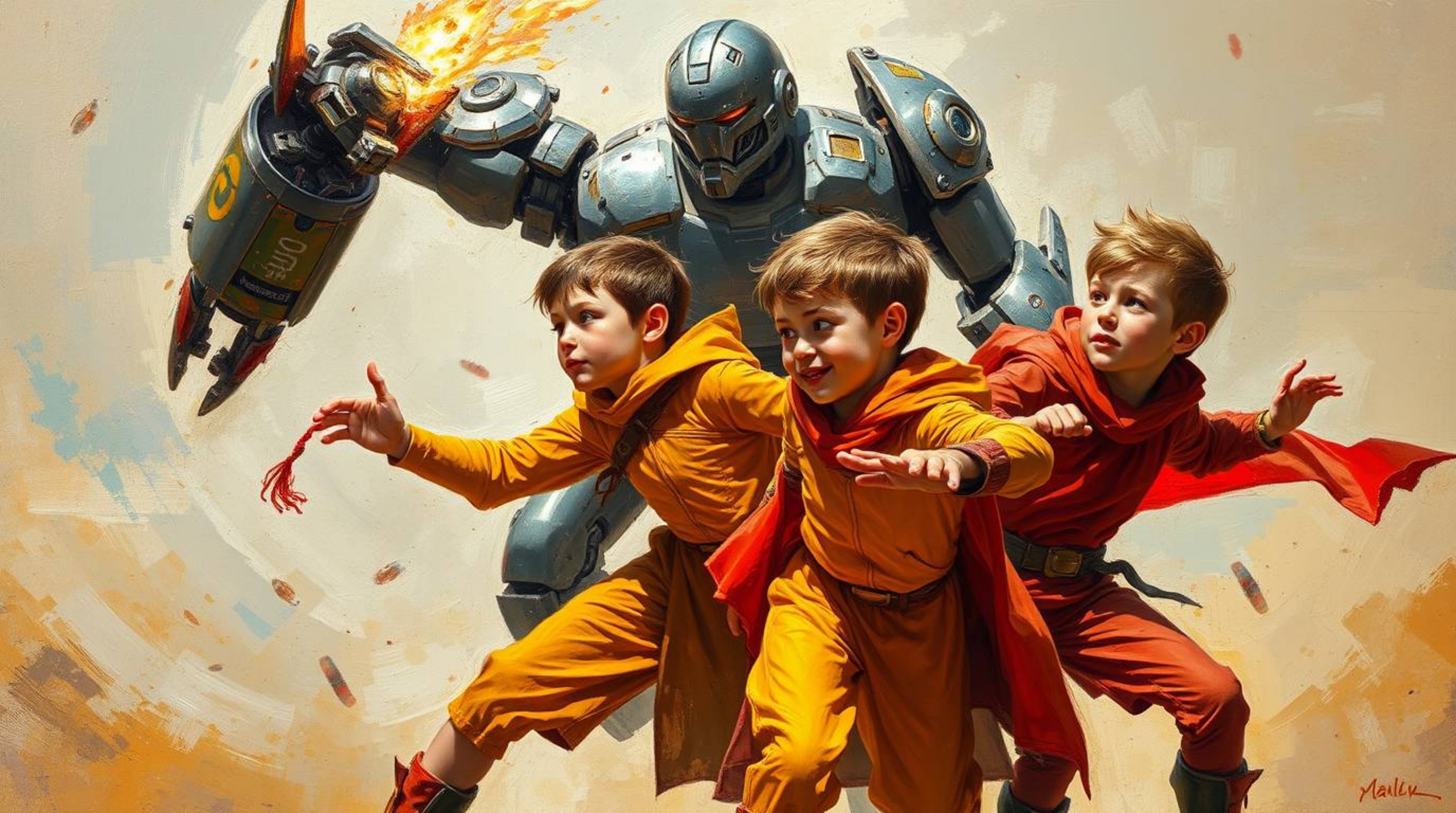 A captivating classic oil painting showcases three superpowered children in vibrant red, orange, and yellow costumes, engaged