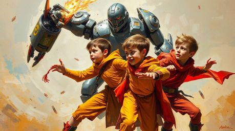A captivating classic oil painting showcases three superpowered children in vibrant red, orange, and yellow costumes, engaged