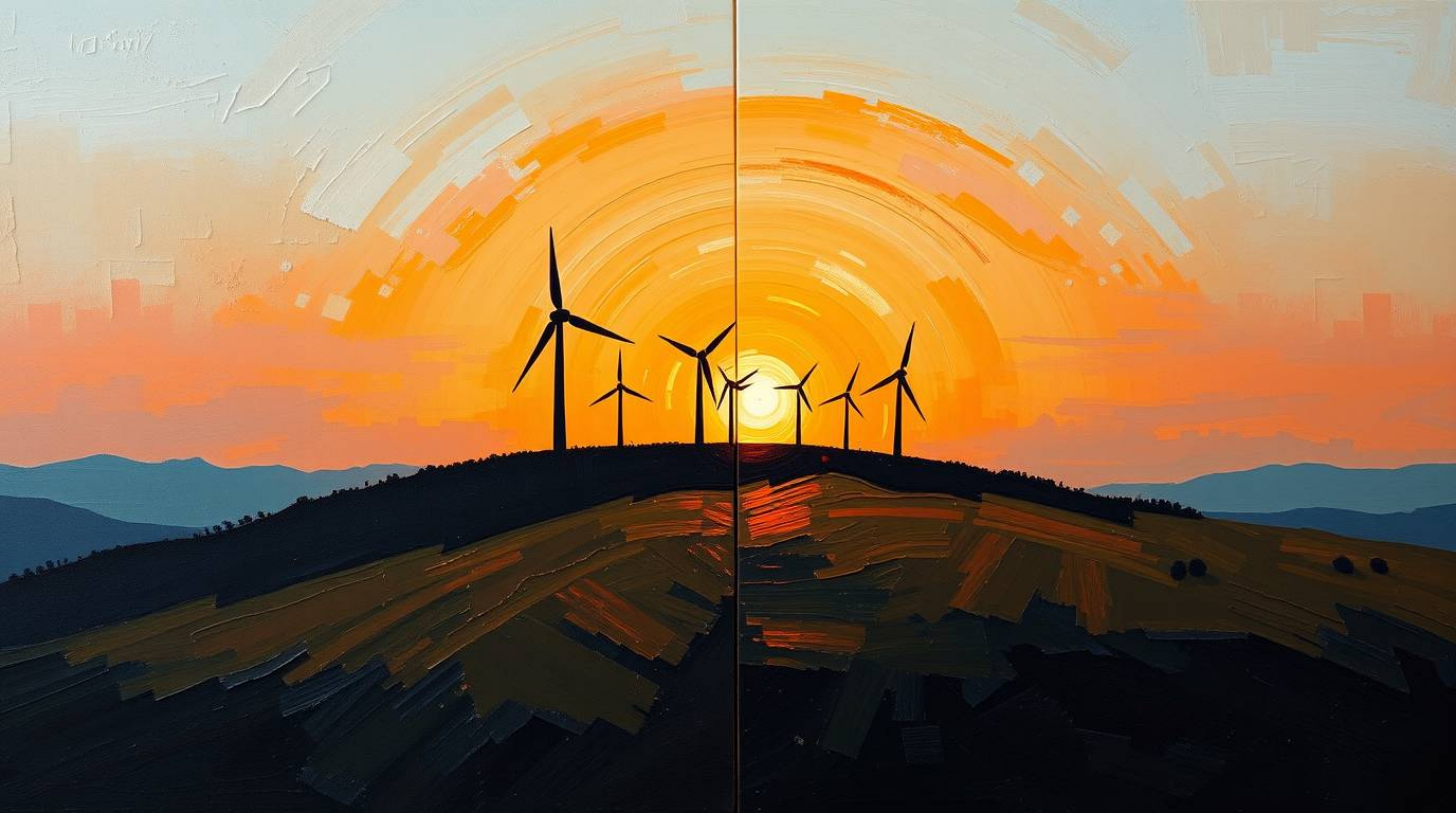This classic oil painting features a distinct split composition, showcasing a mesmerizing sunset behind a row of wind turbine