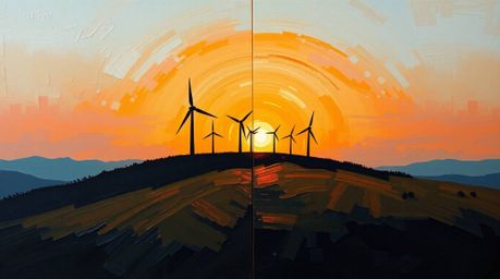 This classic oil painting features a distinct split composition, showcasing a mesmerizing sunset behind a row of wind turbine