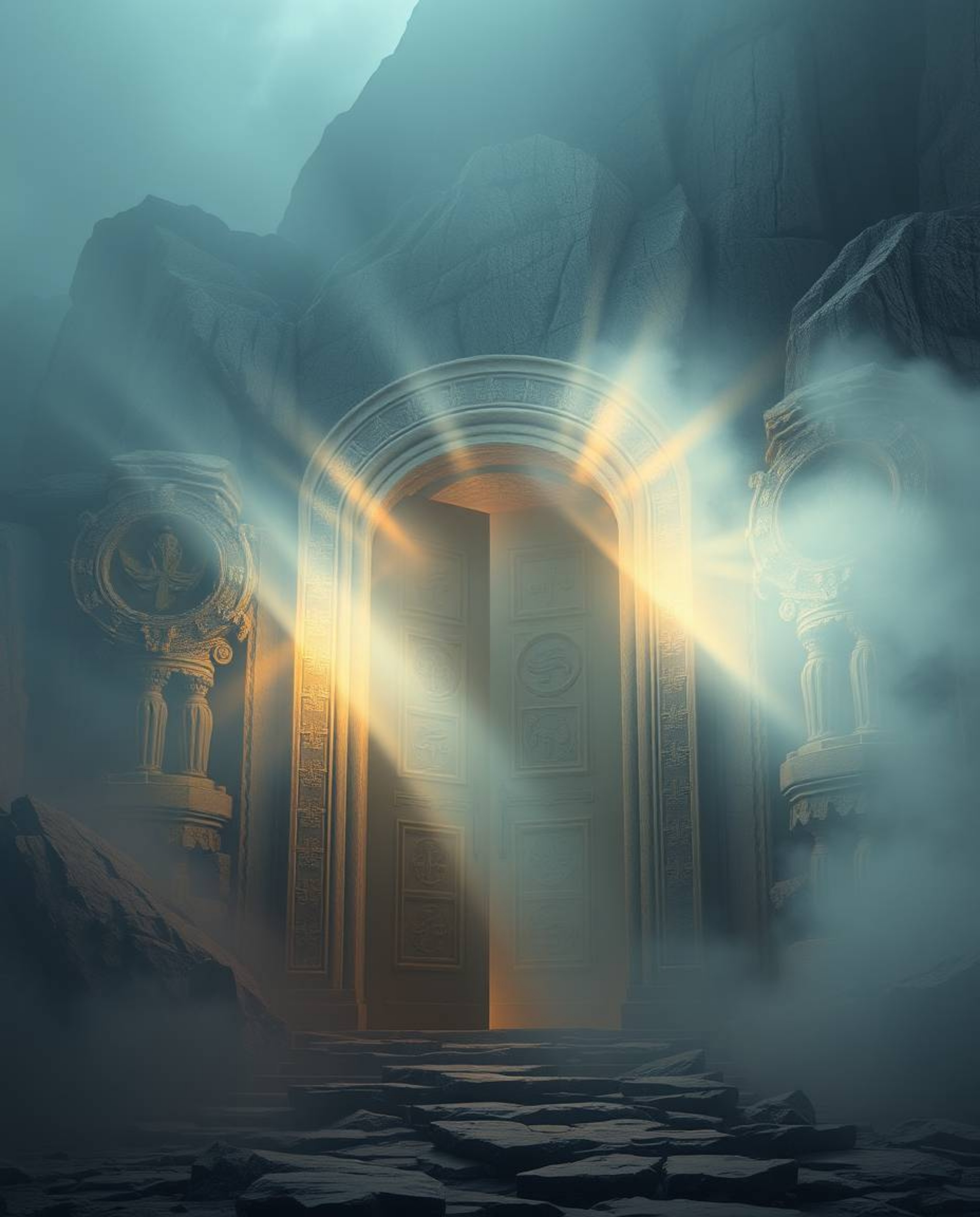 Experience a soft, dreamy atmosphere illuminated by volumetric lighting, showcasing an ancient stone doorway embedded within 