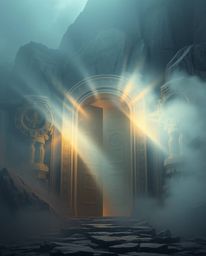 Experience a soft, dreamy atmosphere illuminated by volumetric lighting, showcasing an ancient stone doorway embedded within 