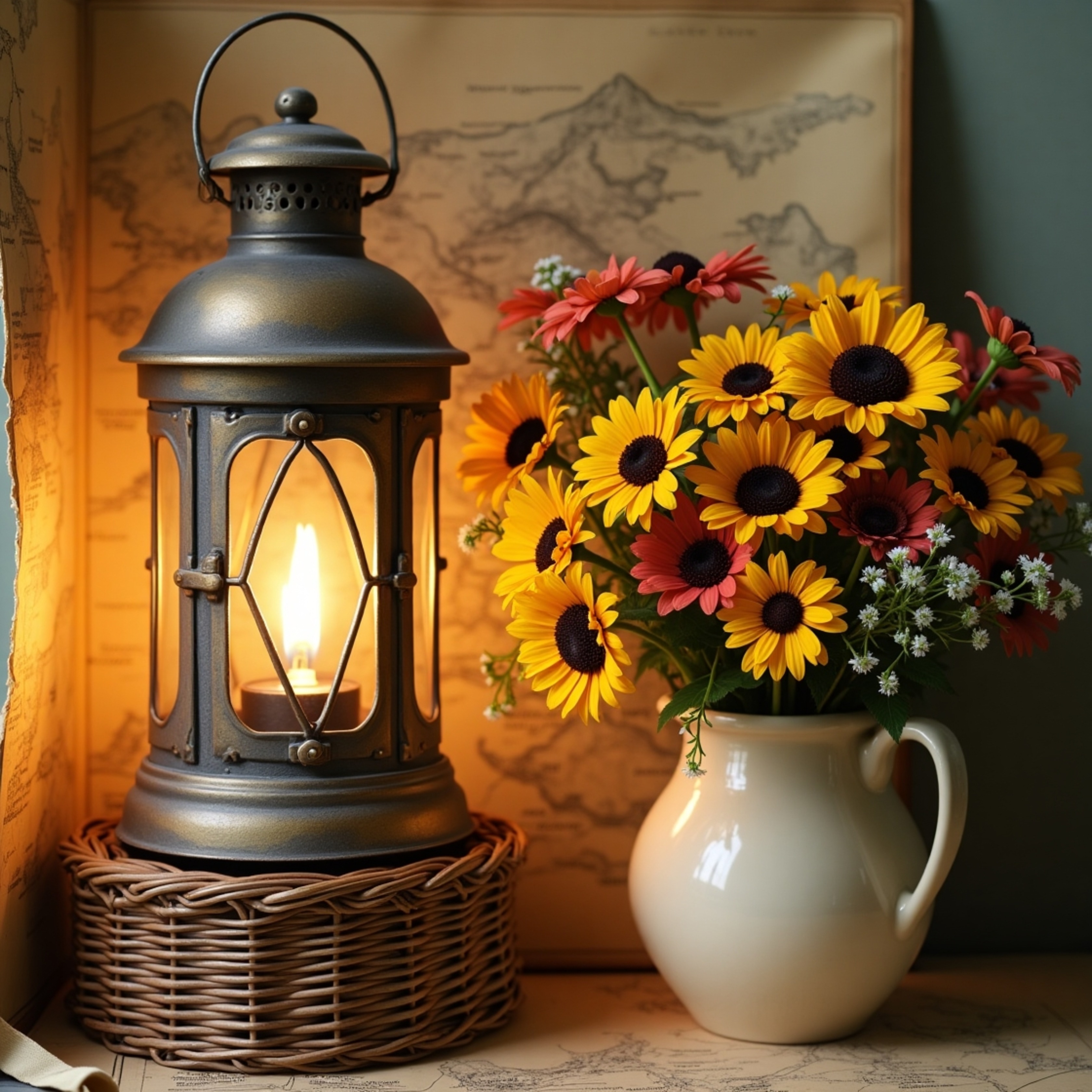 A captivating still life scene featuring a distressed, bronze-toned lantern with verdigris accents, radiating a warm, golden 