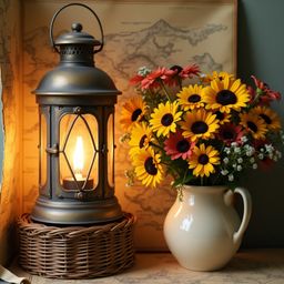 A captivating still life scene featuring a distressed, bronze-toned lantern with verdigris accents, radiating a warm, golden 