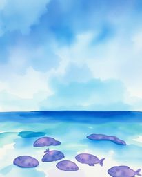 A graceful and elegant watercolor painting captures a colorful sky over a coral reef at low tide. The artwork is distinguishe