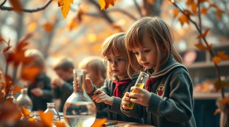 An extreme macro photograph captures the enchanting detail of quirky children in school uniforms conducting experiments in a 
