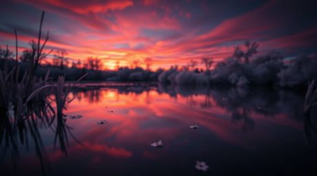 This collection features surreal infrared images capturing the ethereal beauty of a calm pond reflecting a colorful sunset.  