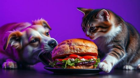 This fine art photograph depicts a playful yet intense struggle between a dog and a cat, both determined to claim a comically