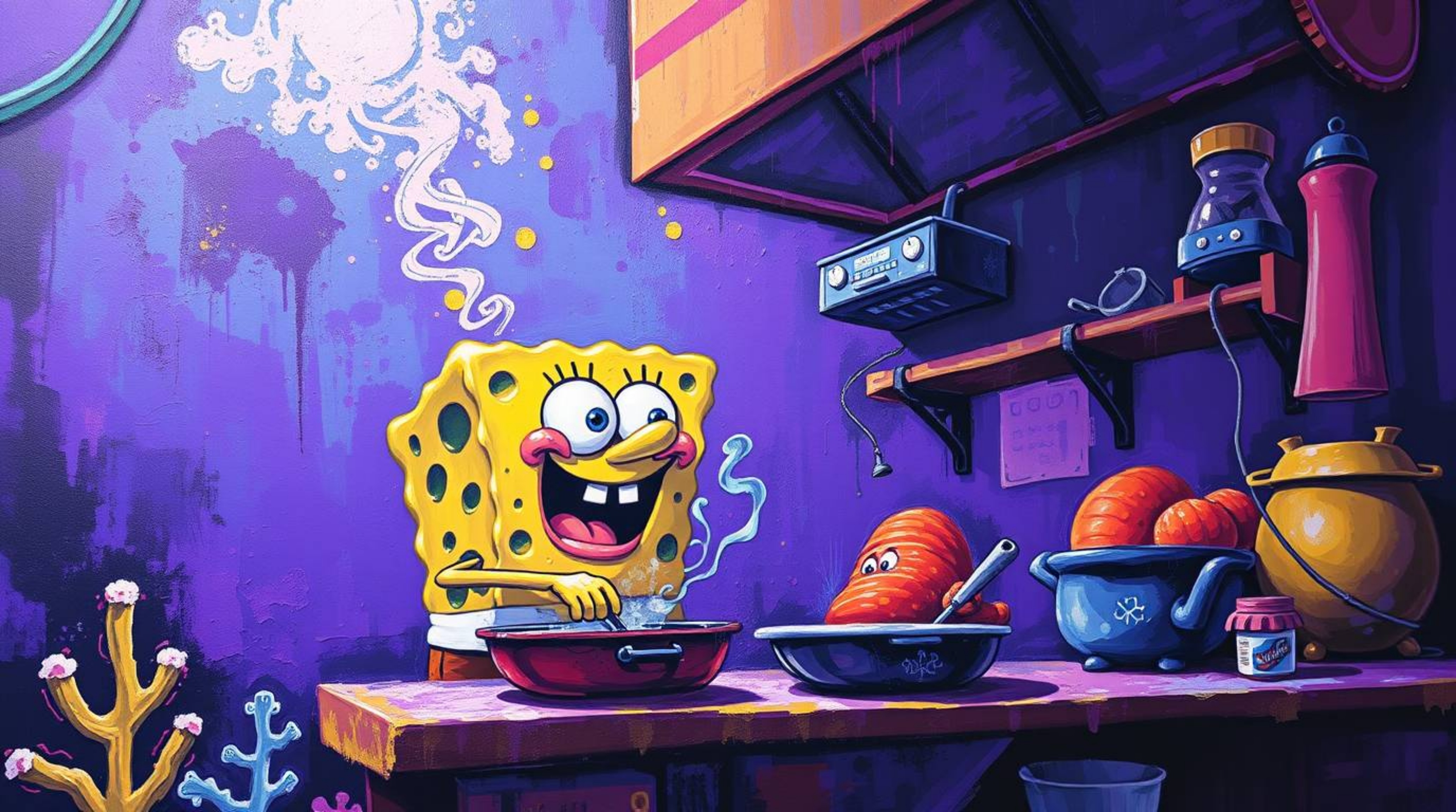 This vibrant acrylic painting features a sponge character diligently cooking in an eccentric underwater kitchen bathed in dee