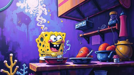 This vibrant acrylic painting features a sponge character diligently cooking in an eccentric underwater kitchen bathed in dee