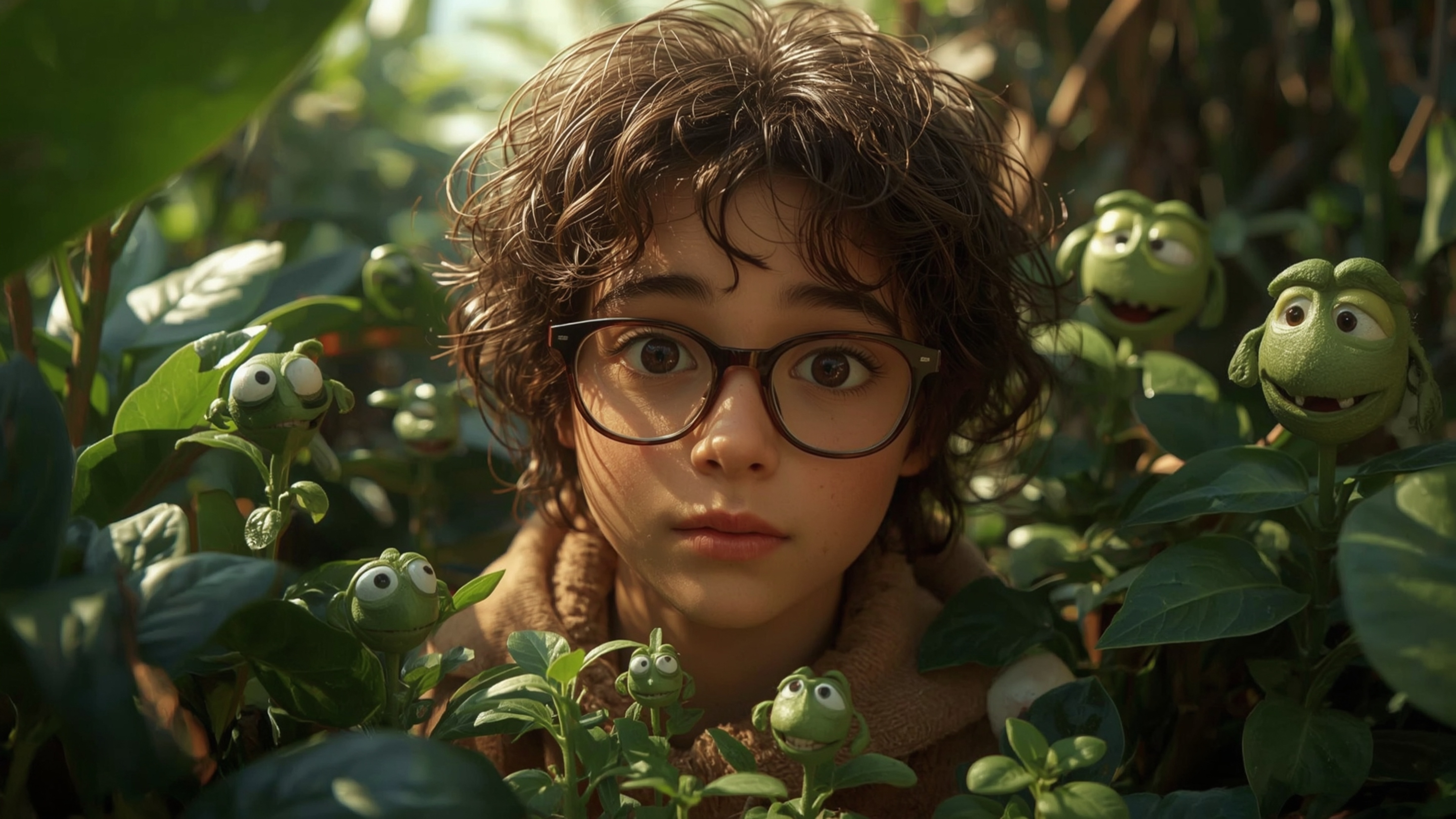 In a vibrant, cinematic photograph reminiscent of a Pixar film, a bespectacled and curious young genius with curly brown hair