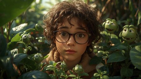 In a vibrant, cinematic photograph reminiscent of a Pixar film, a bespectacled and curious young genius with curly brown hair