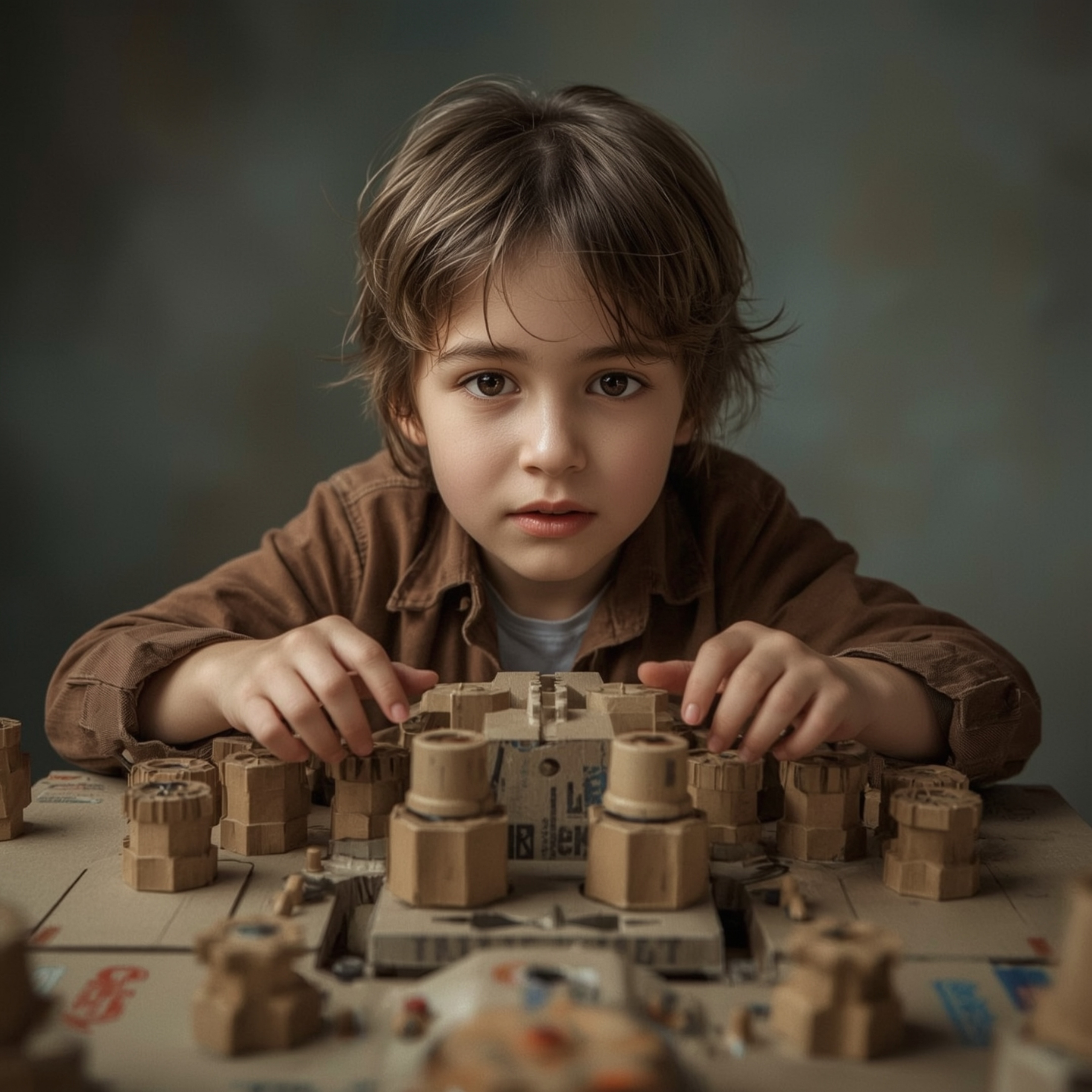 Discover exquisite high-fashion photography of a young boy ingeniously building a fully functional cardboard spaceship.  The 