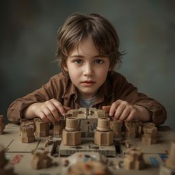 Discover exquisite high-fashion photography of a young boy ingeniously building a fully functional cardboard spaceship.  The 