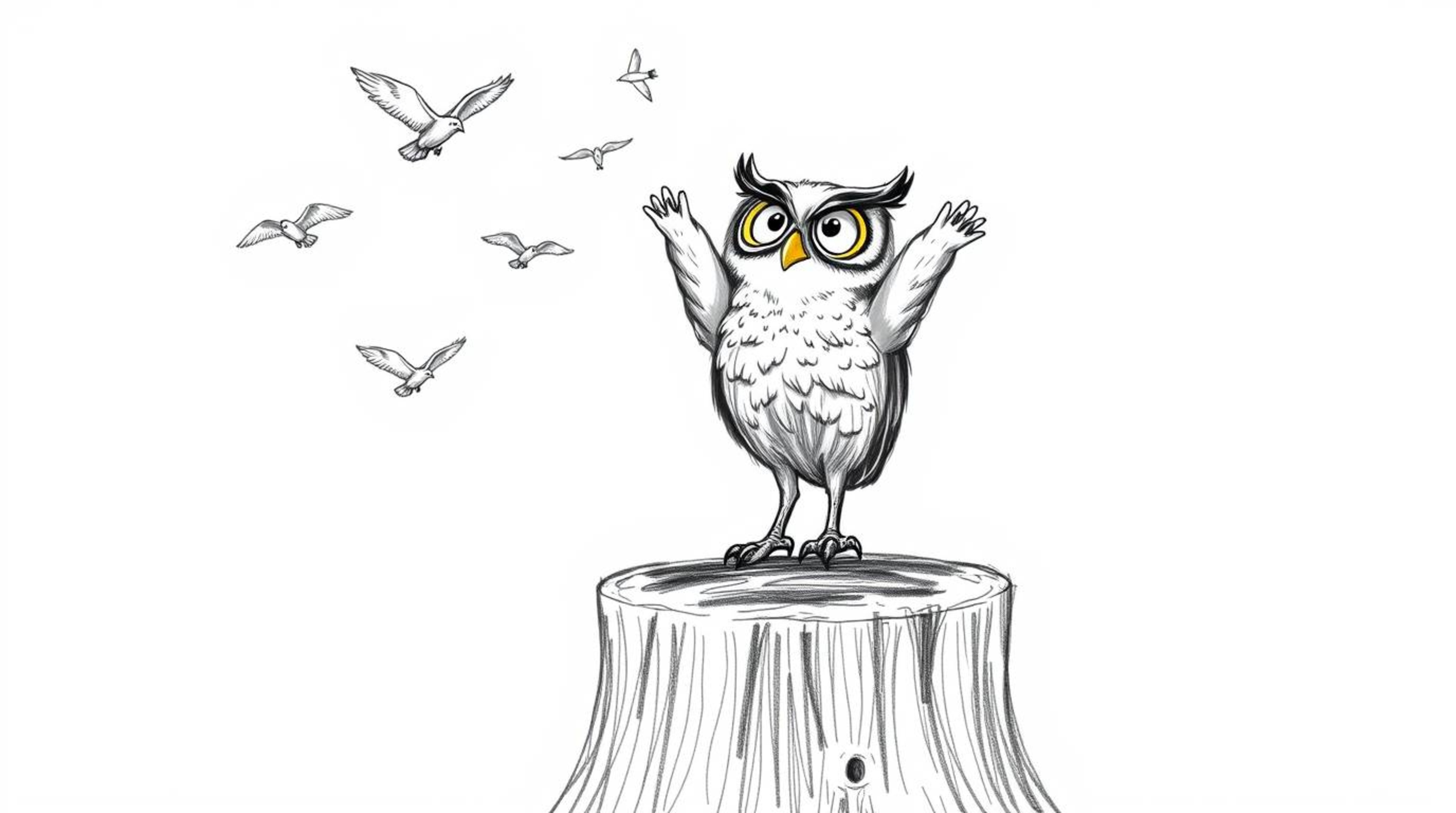 A cheerful, blind owl, rendered in a textured, hand-drawn sketch style reminiscent of Pixar, joyfully cheers from a tree stum