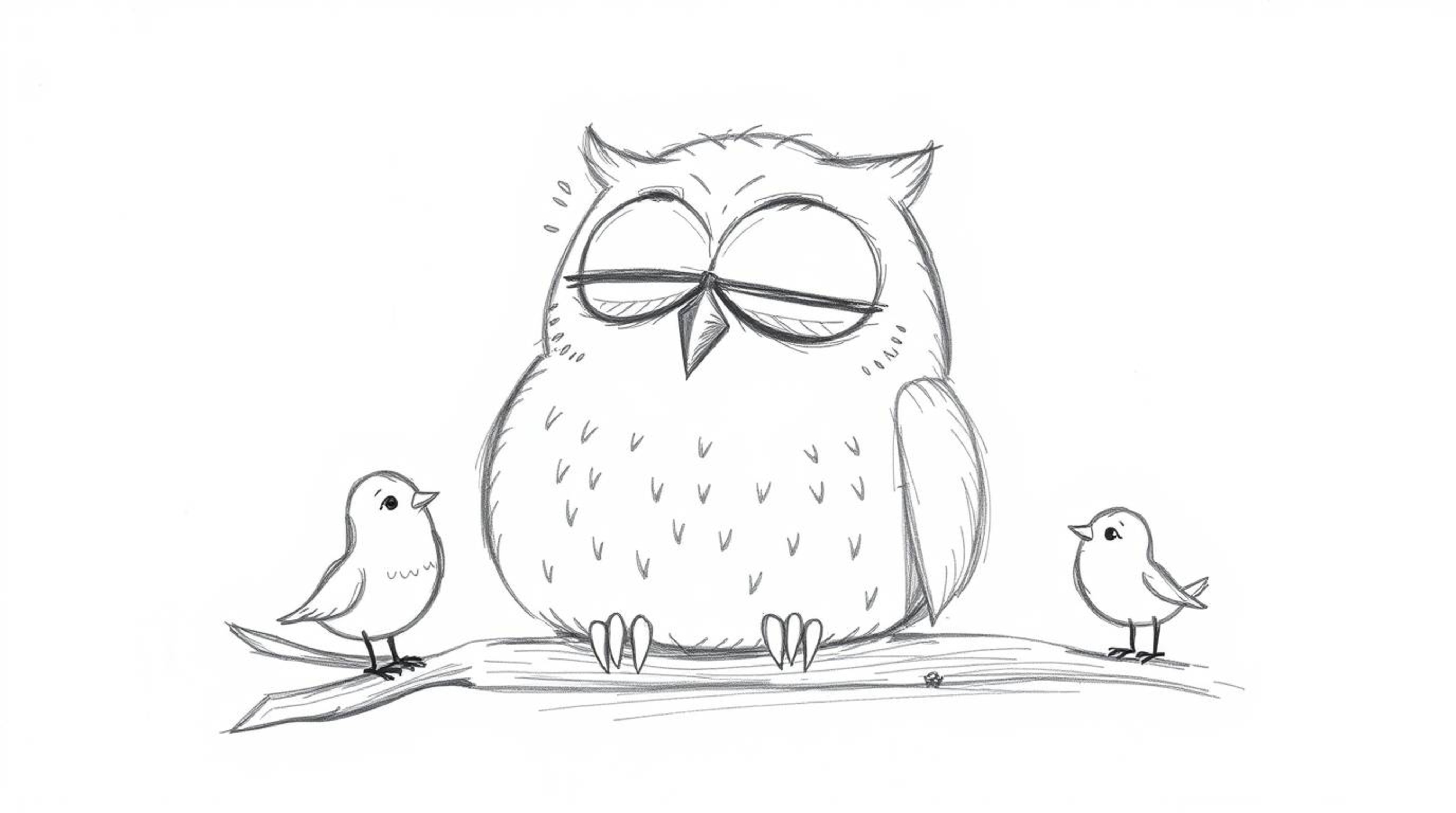 A heartwarming, hand-drawn sketch in the style of Pixar depicts a blind owl with gentle, rounded features peacefully resting 