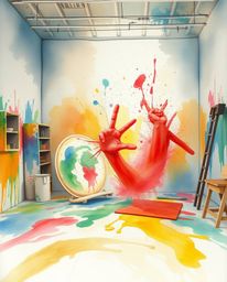 A captivating watercolor painting showcasing a room dramatically exploding with vibrant paint. The artwork emphasizes delicat