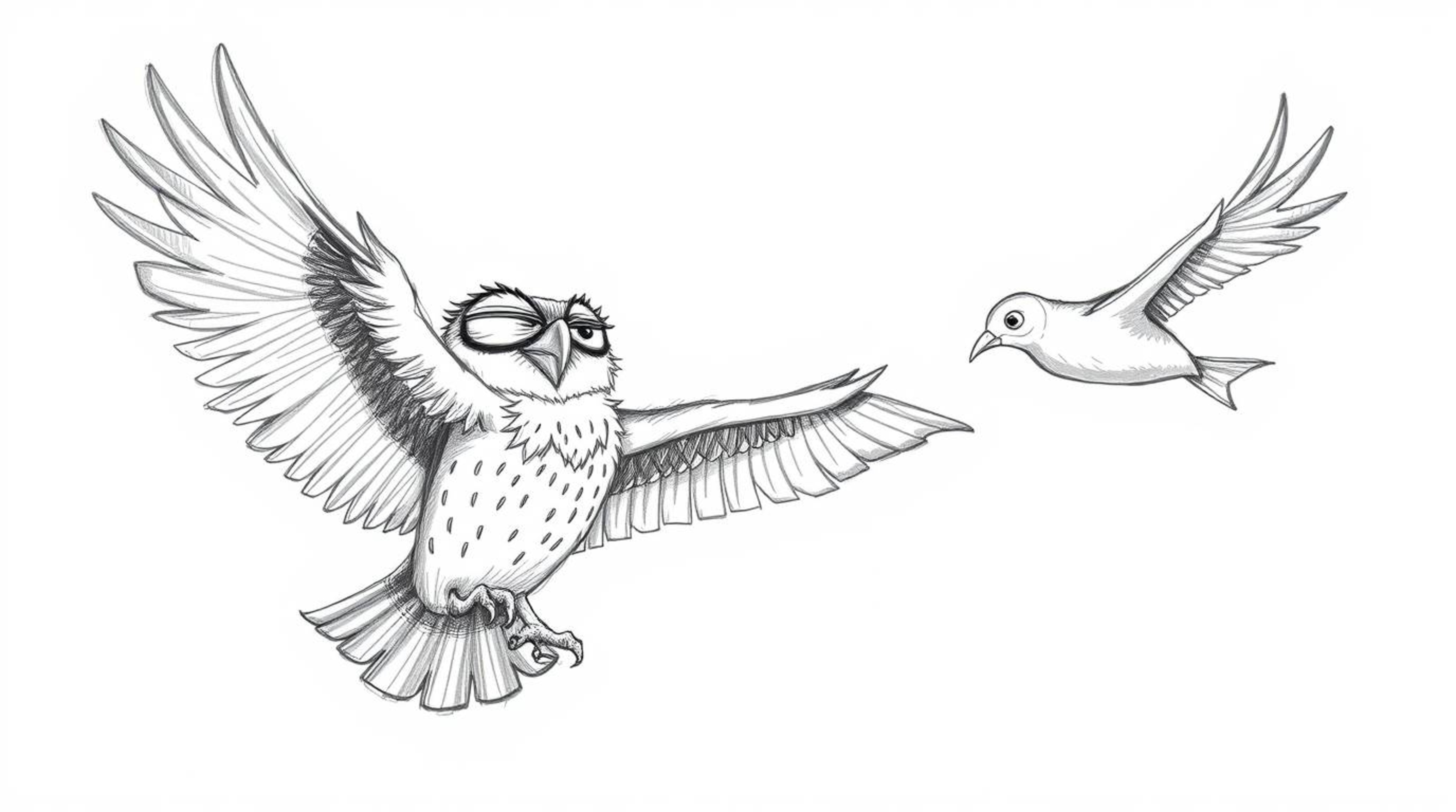 A captivating hand-drawn sketch in Pixar style depicts a blind owl with expressive features guiding a flock of synchronized b