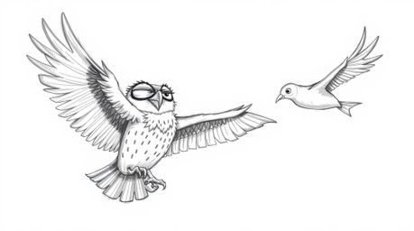 A captivating hand-drawn sketch in Pixar style depicts a blind owl with expressive features guiding a flock of synchronized b