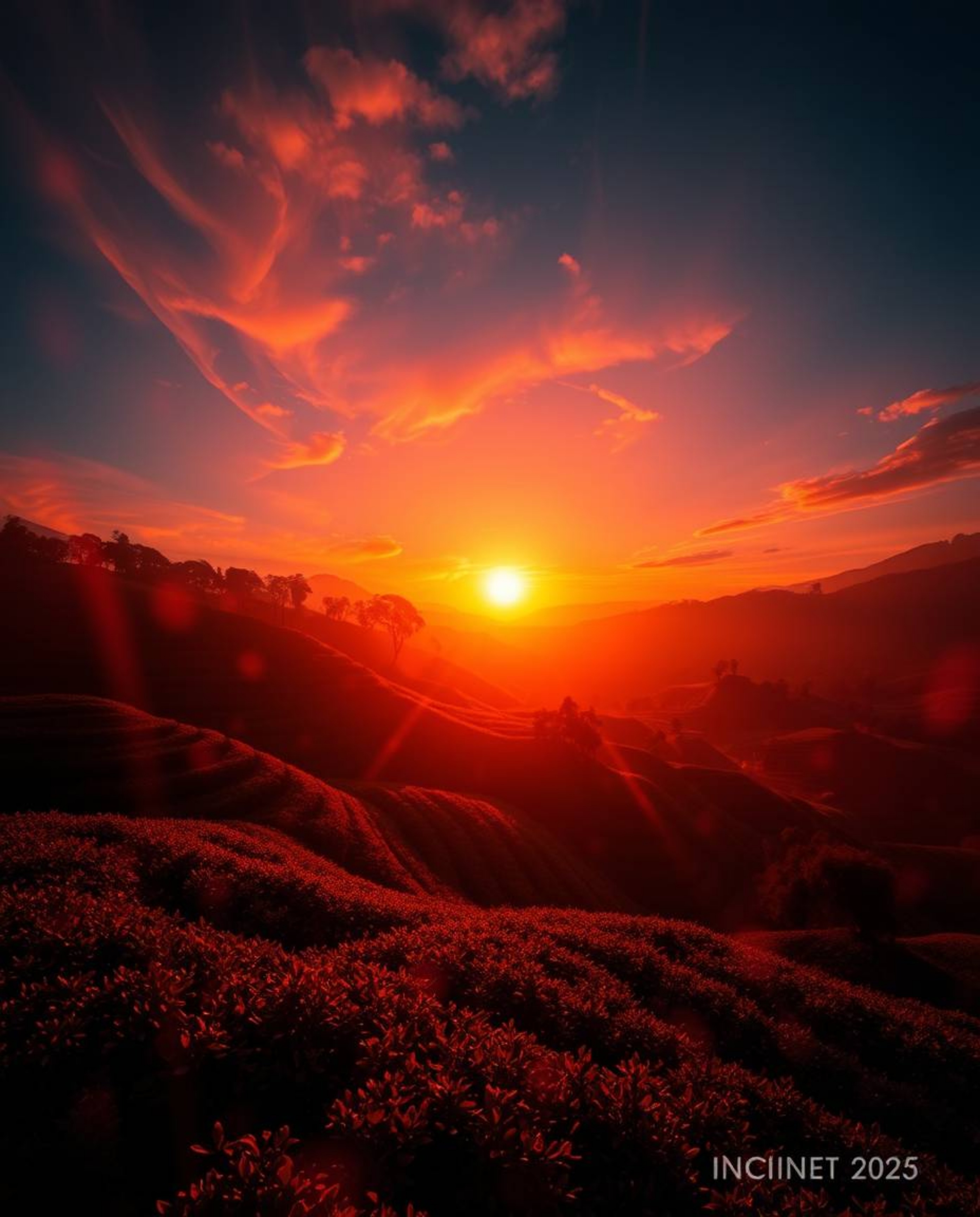 A creative light art piece depicting a sunset over terraced tea plantations. This artwork features warm autumn colors, artist