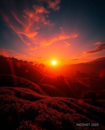 A creative light art piece depicting a sunset over terraced tea plantations. This artwork features warm autumn colors, artist