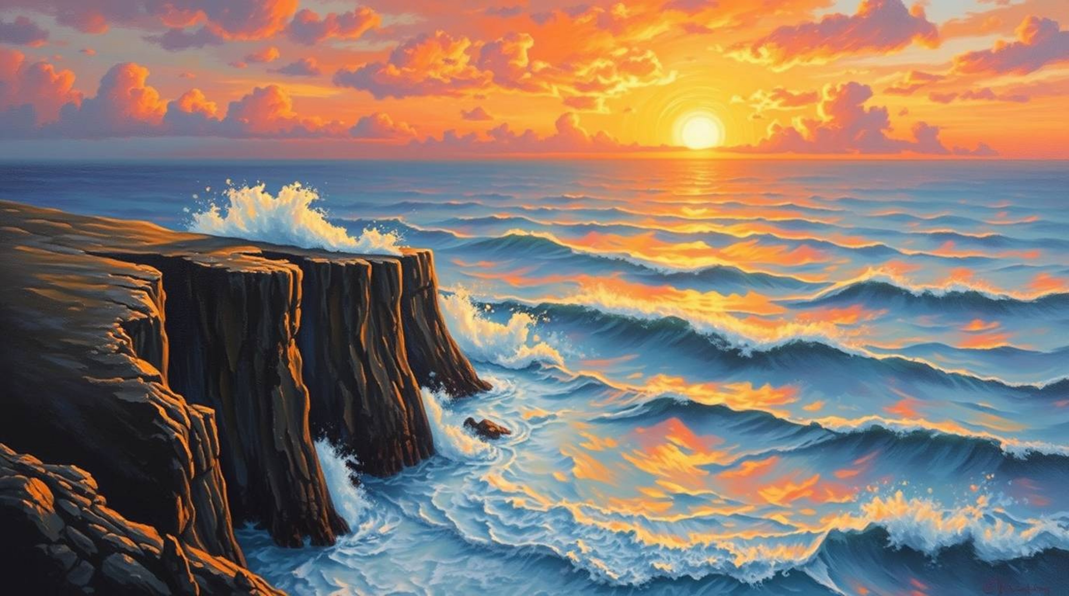 Experience the drama and beauty of a classic oil painting style with iridescent colors. Waves crash against rugged cliffs ben