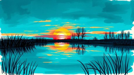 A captivating hand-drawn sketch depicts a rich, deep teal portrayal of a vibrant sunset reflected in a tranquil pond.  This l