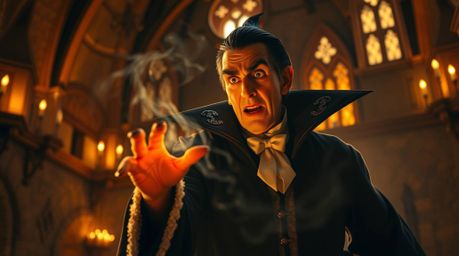 High-resolution stock photo showcasing a classic Disney villain casting a spell in an old castle, bathed in a warm golden glo