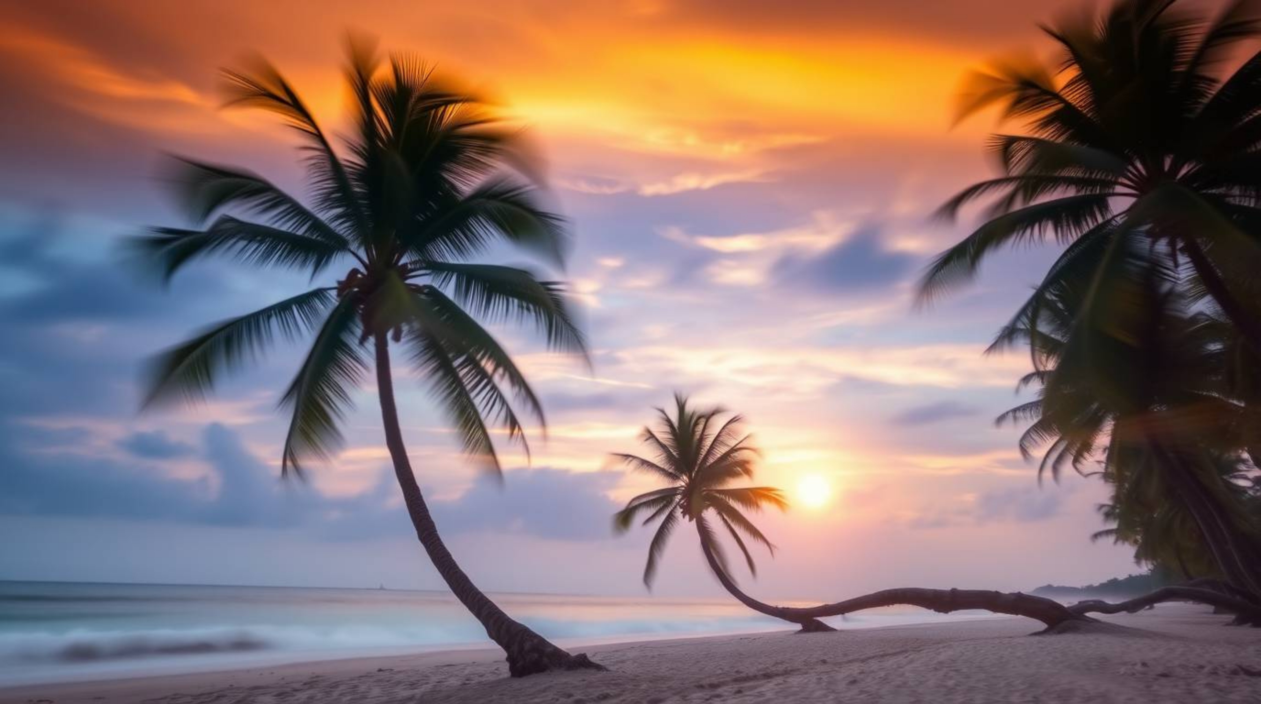 Experience the magic of a tropical sunset with this ethereal long-exposure photograph.  Swaying palm trees create mesmerizing