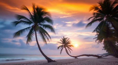Experience the magic of a tropical sunset with this ethereal long-exposure photograph.  Swaying palm trees create mesmerizing