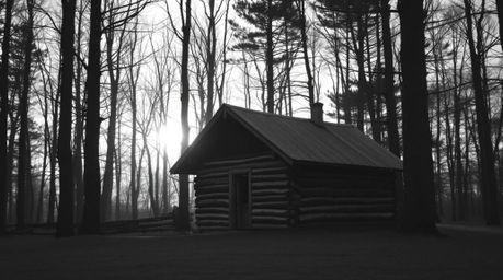 A timeless black and white photograph depicting an old wooden cabin nestled within a sunset woods.  The soft focus and hazy a