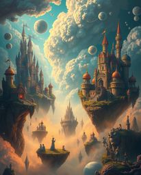 Discover a breathtaking, surreal digital painting of a vibrant kingdom. Floating islands and majestic castles are bathed in