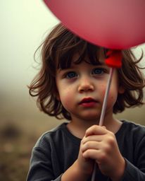 This image showcases a dramatic, cinematic-style portrait of a child with freckled skin gently holding a balloon. The composi