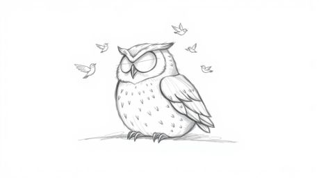 A textured pencil sketch depicts a serene, blind owl in a Pixar-esque style, resting peacefully amidst small birds joyfully c
