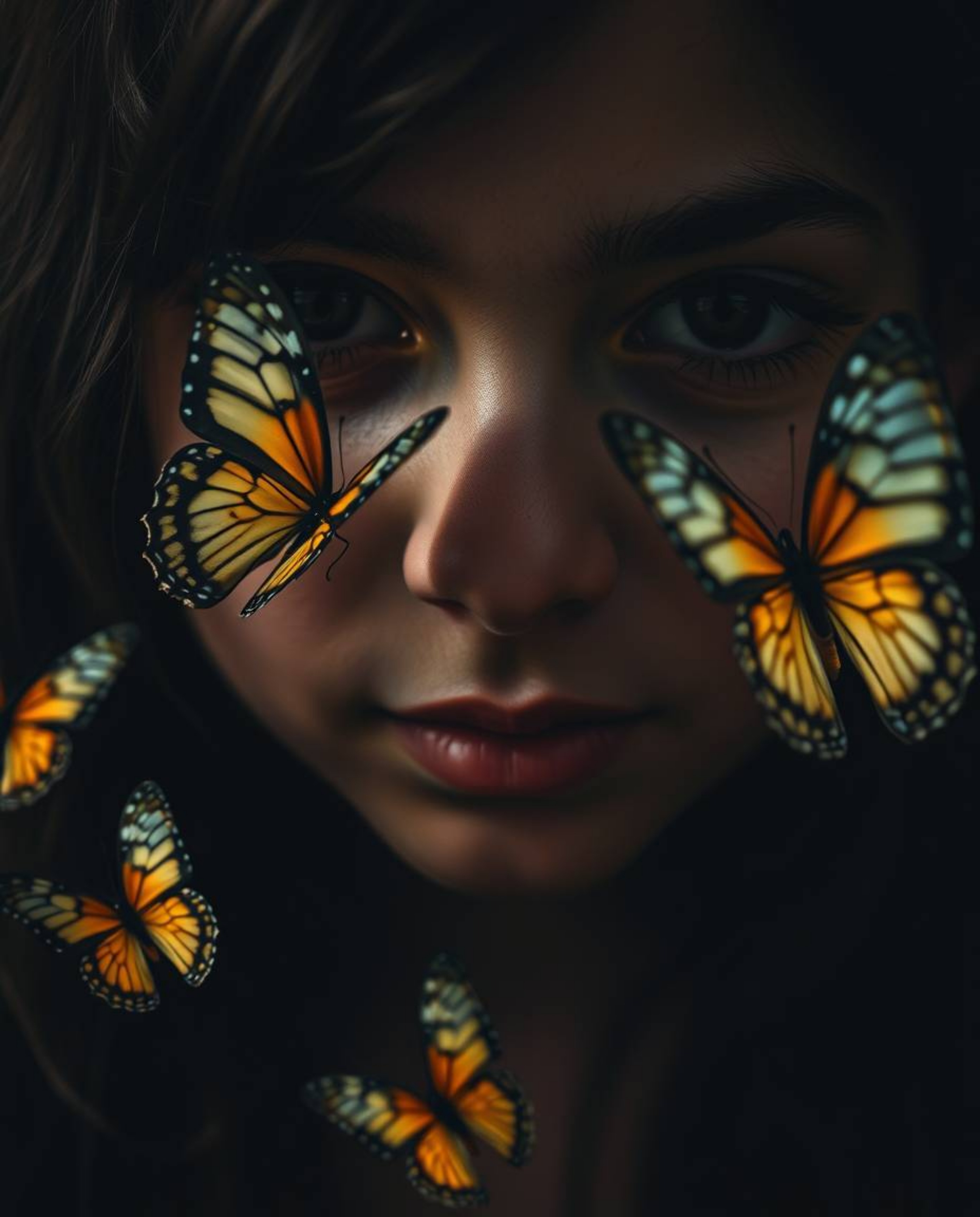 Explore a stunning extreme macro close-up capturing a girl releasing butterflies into the air. Rendered in intense jet black 