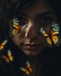 Explore a stunning extreme macro close-up capturing a girl releasing butterflies into the air. Rendered in intense jet black 