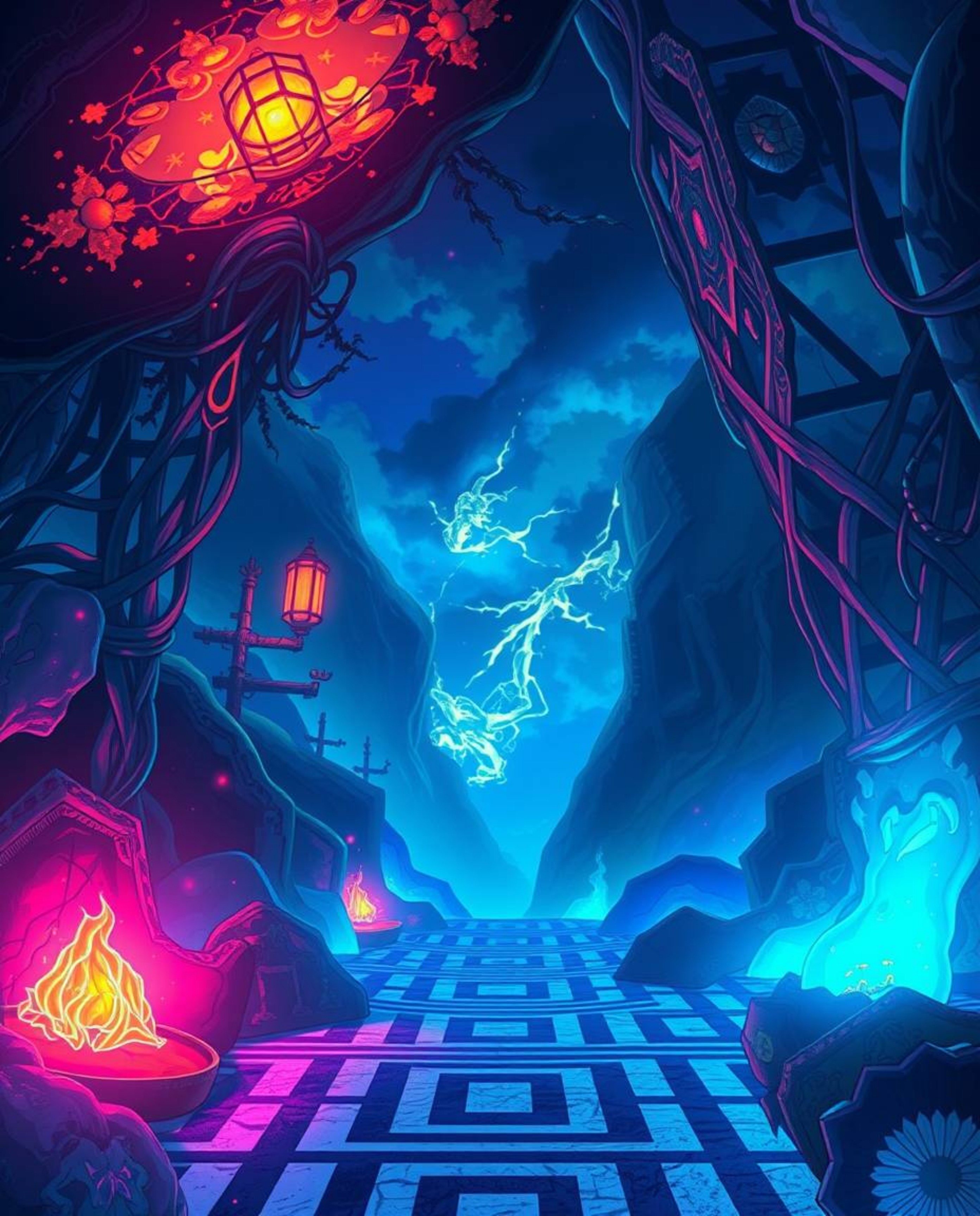 Immerse yourself in a captivating Isekai anime scene filled with glowing bioluminescent colors and vibrant light effects. The