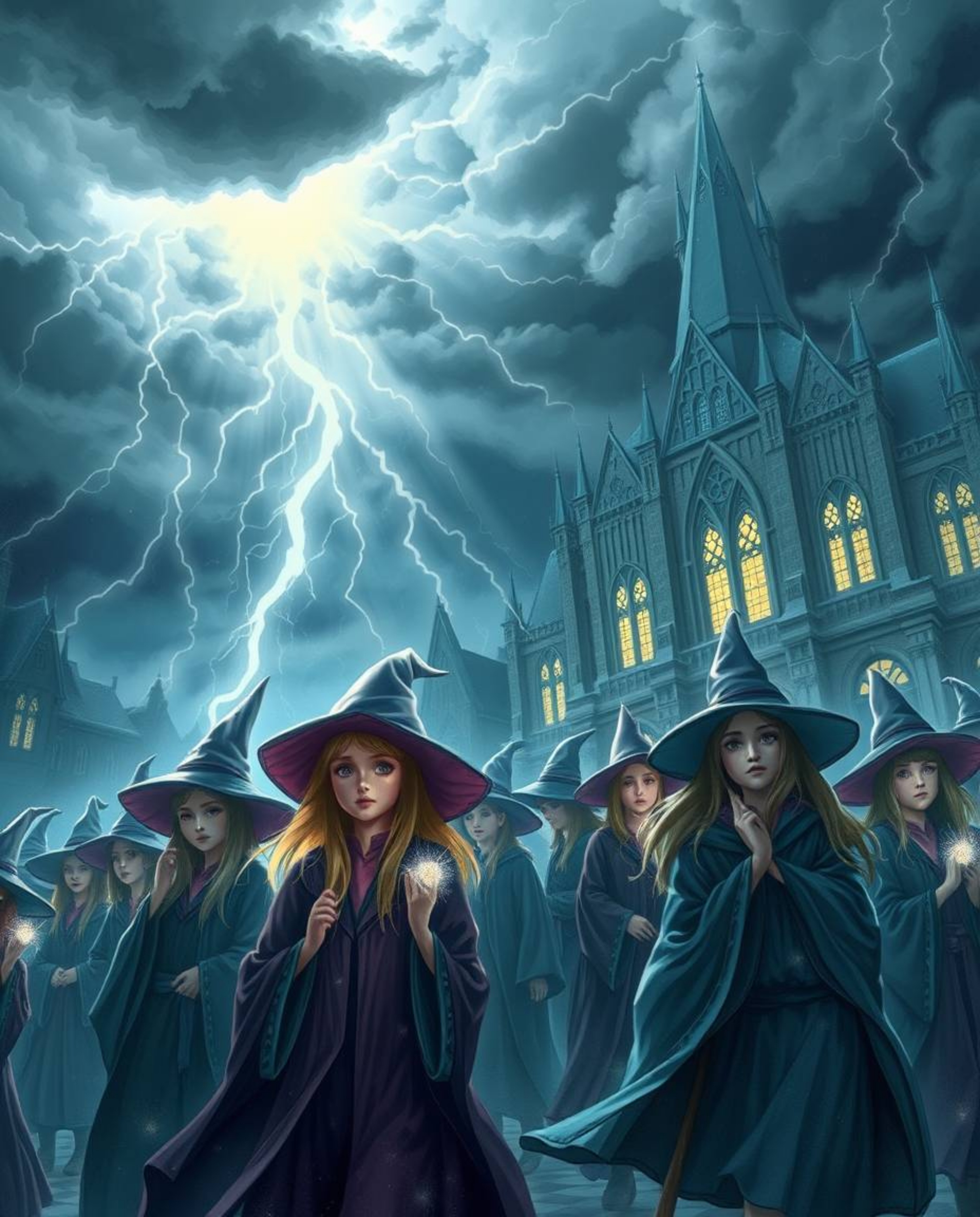 Discover an ethereal magical school brimming with young wizards, set against a backdrop of intensely dramatic weather. Storm