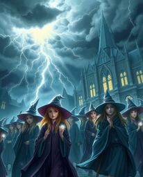 Discover an ethereal magical school brimming with young wizards, set against a backdrop of intensely dramatic weather.  Storm