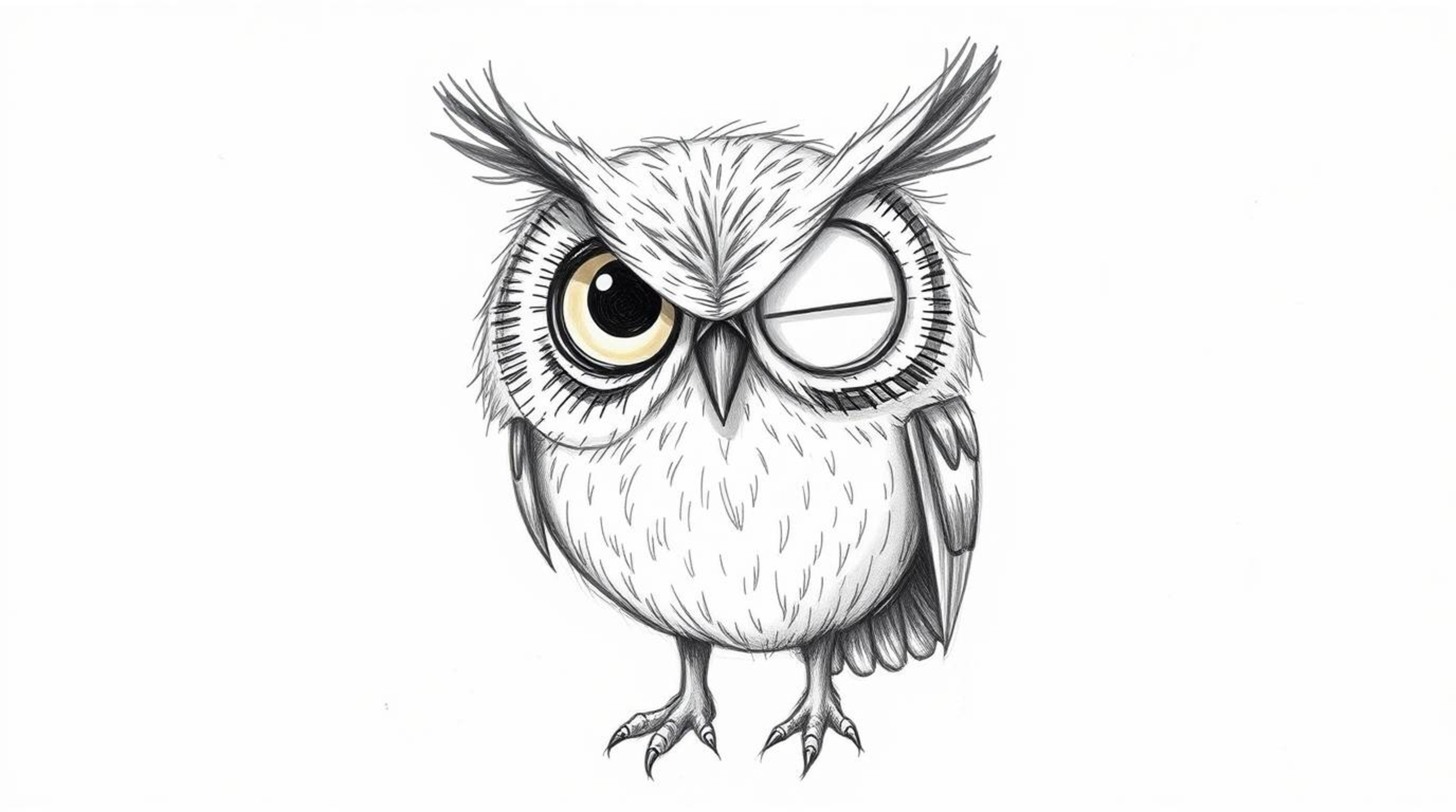 A heartwarming hand-drawn sketch in the style of Pixar depicts a blind owl with soft, feathery textures dedicatedly teaching 
