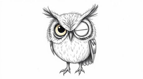 A heartwarming hand-drawn sketch in the style of Pixar depicts a blind owl with soft, feathery textures dedicatedly teaching 