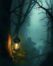 A captivating digital sketch depicting a glowing lantern within a misty, dark forest.  The artwork utilizes loose painterly s